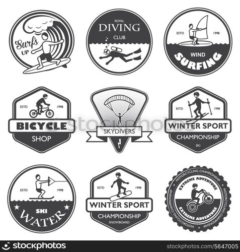 Vacation travel extreme sports labels set of rafting cross country climbing and snowboard vector illustration