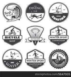 Vacation travel extreme sports labels set of rafting cross country climbing and snowboard vector illustration