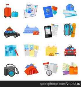 Vacation travel flat icons collection  with ocean liner cruise pictures and flight tickets abstract isolated vector illustration. Vacation travel icons set flat