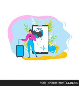 Vacation Travel Flat Vector Concept Isolated on White Background. Traveling Woman Searching Flight Schedules, Planing Travel, Booking Flight Tickets with Mobile Application on Cellphone Illustration