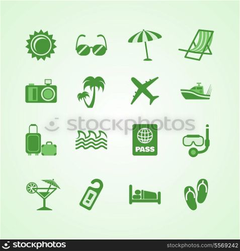 Vacation travel green icons set of sun palm beach and martini isolated vector illustration