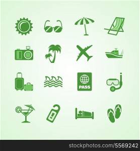 Vacation travel green icons set of sun palm beach and martini isolated vector illustration