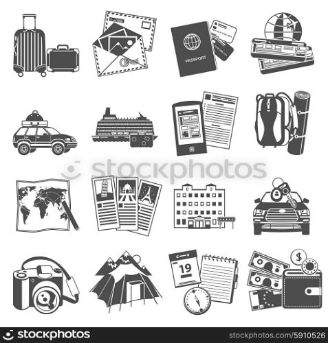 Vacation travel icons set black. Summer vacation travel symbols icons set of transportation and sightseeing guide map black abstract isolated vector illustration