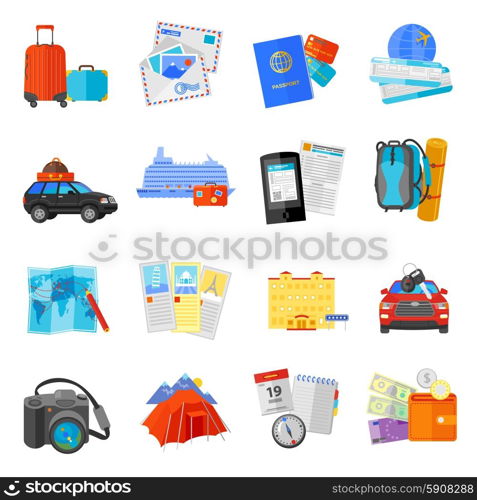 Vacation travel icons set flat. Vacation travel flat icons collection with ocean liner cruise pictures and flight tickets abstract isolated vector illustration