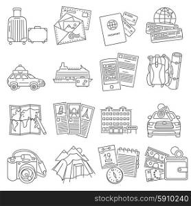Vacation travel icons set line. Summer vacation travel symbols pictograms collection of luggage passport and sightseeing route line abstract isolated vector illustration