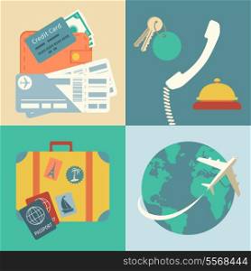 Vacation travel infographics icons set with hands of ticket purchase hotel booking and flight vector illustration