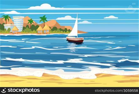 Vacation, travel, relax, tropical beach, island building hotels bungalow seascape ocean. Tropical island, hotels, bungalows, vacation, travel, relax, boat with a sail, seascape, ocean, template, banner, for advertising, vector, illustration, isolated, cartoon style
