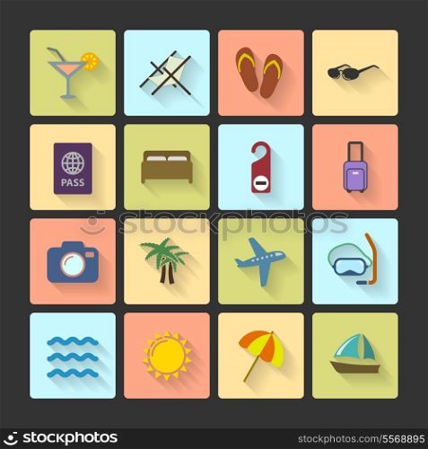 Vacation UI layout icons, squared with long shadows isolated vector illustration