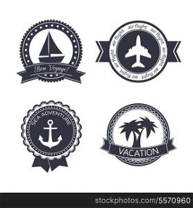 Vacations travel stickers set of yacht boat plane palm tree and anchor isolated vector illustration