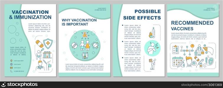 Vaccination and immunization brochure template. Disease prevention flyer, booklet, leaflet print, cover design with linear icons. Vector layouts for magazines, annual reports, advertising posters. Vaccination and immunization brochure template