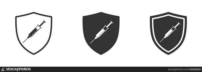 Vaccination and immunization symbol. Syringe in shield icon. Vector illustration.
