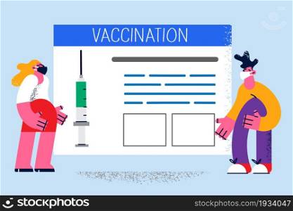 Vaccination and injection during pandemic concept. Young people in masks standing near huge board with syringe and vaccination lettering vector illustration . Vaccination and injection during pandemic concept.