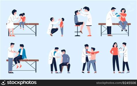 Vaccination and medical check up time. Patients various ages and doctors, injecting vaccine. Medicine characters, flat hospital recent vector scenes. Illustration of medical health check. Vaccination and medical check up time. Patients various ages and doctors, injecting vaccine. Medicine characters, flat hospital recent vector scenes