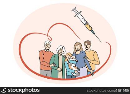 Vaccination and medical protection concept. Family with kid child parents and grandparents standing all together and feeling protected with syringe and vaccination vector illustration. Vaccination and medical protection concept.