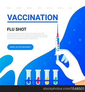 Vaccination concept. Doctors hand with a syringe and place for text. Usable for web banner, articles, infographics. Flat vector illustration.. Vaccination concept. Doctors hand with a syringe and place for text. Usable for web banner, articles, infographics. Flat vector illustration