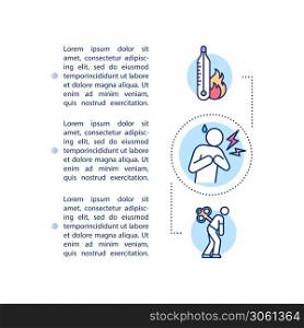 Vaccination contraindications concept icon with text. PPT page vector template. Vaccine side effects, fever, cvd and fatigue. Brochure, magazine, booklet design element with linear illustrations. Vaccination contraindications concept icon with text