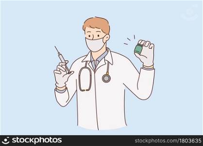 Vaccination, doctor and medicine concept. Young smiling man doctor in medical mask and uniform standing holding syringe ready to make injection vector illustration . Vaccination, doctor and medicine concept