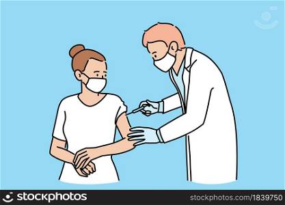 Vaccination during COVID-19 pandemic concept. Young man doctor in medical protective mask making injection vaccination for woman patient during coronavirus epidemic vector illustration. Vaccination during COVID-19 pandemic concept.