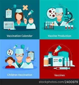 Vaccination flat 2x2 design concept with vaccination calendar and set of medical tools and vaccine products vector illustration. Vaccination Flat 2x2 Design Concept