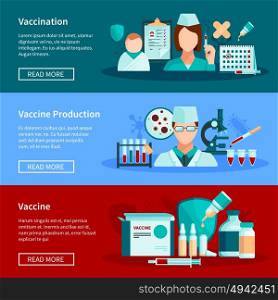 Vaccination Flat Banners. Vaccination flat horizontal banners with vaccine production children vaccination and set of ready to use vaccine products design compositions vector illustration