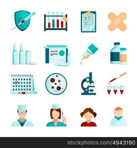 Vaccination Flat Icons Set. Vaccination flat colored icons set of medical staffs young patients microscope tubes and phials with vaccine isolated vector illustration