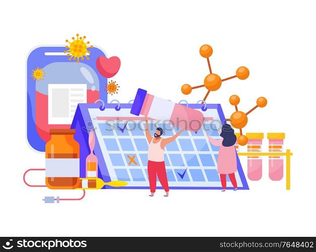 Vaccination flat recolor composition with calendar test tubes drop counter and blood bag vector illustration