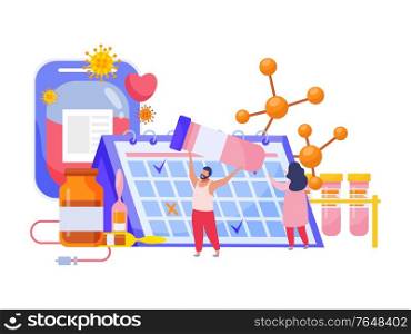 Vaccination flat recolor composition with calendar test tubes drop counter and blood bag vector illustration