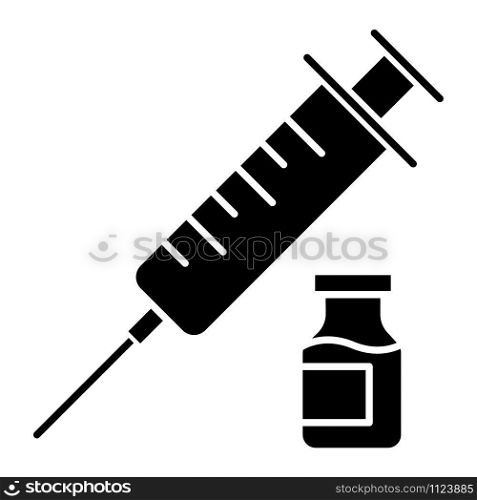 Vaccination glyph icon. Medical injection. Contraceptive syringe. HIV precaution procedure. Safe sex. Healthcare. Pharmaceutical vial. Silhouette symbol. Negative space. Vector isolated illustration