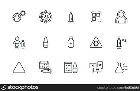 Vaccination icon. Syringe injection at covid 19 bacteria destroyed medical treatment people health protection garish vector linear symbols of vaccination. Illustration of pharmacy drug syringe. Vaccination icon. Syringe injection at covid 19 bacteria destroyed medical treatment people health protection garish vector linear symbols of vaccination