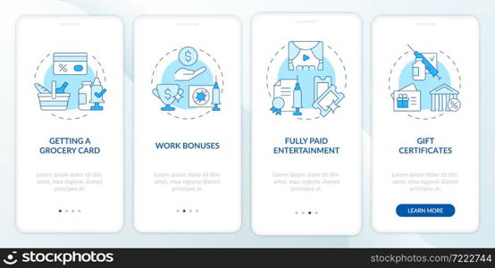 Vaccination incentives onboarding mobile app page screen. Gift certificates walkthrough 4 steps graphic instructions with concepts. UI, UX, GUI vector template with linear color illustrations. Vaccination incentives onboarding mobile app page screen