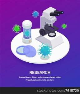 Vaccination isometric background with editable text and icons of microscope and test tube with virus images vector illustration