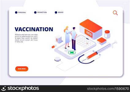 Vaccination isometric. Flu prevention child healthcare. Adult and kids immunization, flu injection vector landing page. Illustration of medical syringe for injection flu, vaccination and prevention. Vaccination isometric concept. Flu prevention child healthcare. Adult and kids immunization, flu injection shot vector landing page
