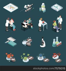 Vaccination isometric icons set of bio materials primary source of viral diseases ampoules with vaccine medical equipment isolated vector illustration