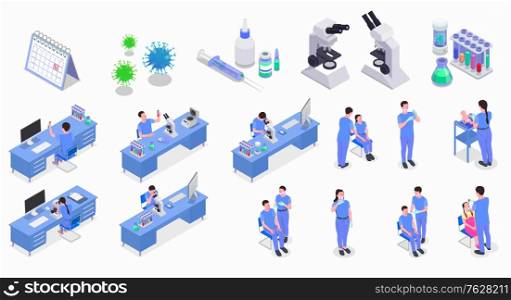 Vaccination isometric set of isolated medical equipment icons images of viruses calendar and working doctors characters vector illustration