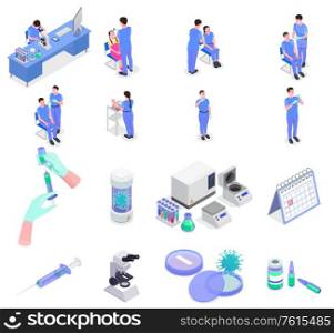 Vaccination isometric set of isolated syringe and tube icons with virus images and characters of doctors vector illustration