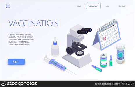 Vaccination isometric web site landing page with clickable buttons links editable text and medical appliance icons vector illustration