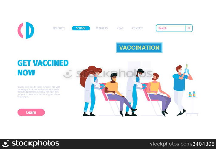 Vaccination landing. Medical treatment prevention covid nurse making vaccine garish vector flat pictures for business pages. Illustration of vaccination treatment and protection health. Vaccination landing. Medical treatment prevention covid nurse making vaccine garish vector flat pictures for business pages