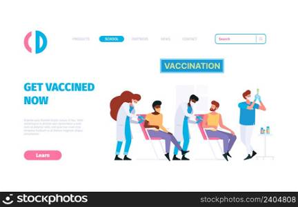 Vaccination landing. Medical treatment prevention covid nurse making vaccine garish vector flat pictures for business pages. Illustration of vaccination treatment and protection health. Vaccination landing. Medical treatment prevention covid nurse making vaccine garish vector flat pictures for business pages