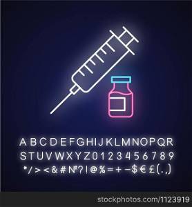 Vaccination neon light icon. Medical injection. Contraceptive syringe shot. Safe sex. Healthcare. Pharmaceutical vial. Glowing sign with alphabet, numbers and symbols. Vector isolated illustration