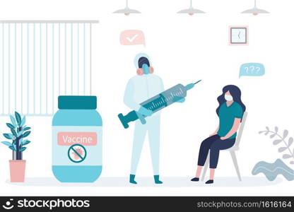 Vaccination of population. Woman patient in clinic, doctor in protective uniform holding syringe. Vaccine for coronavirus. Stop Covid-19, health care. Medical staff in hospital. Vector illustration