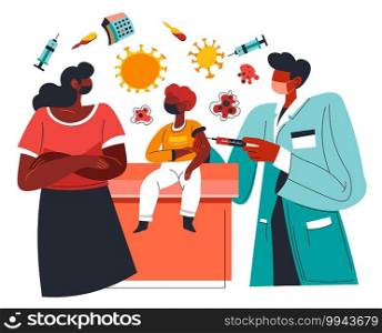 Vaccination of sick patients and health care service. Laboratory worker or doctor giving shot for woman with son. People going through treatment, injection against covid. Vector in flat style. Mother and kid getting vaccine from covid vector