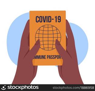 Vaccination passport 2D vector isolated illustration. Post covid health safety measures. Hands holding immunization pass flat scene on cartoon background. Medical document colourful scene. Vaccination passport 2D vector isolated illustration