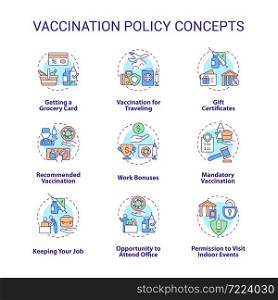 Vaccination policy concept icons set. Vaccination against coronavirus idea thin line color illustrations. Work bonuses. Gift certificates. Vector isolated outline drawings. Editable stroke. Vaccination policy concept icons set
