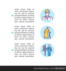 Vaccination priority groups concept icon with text. Frontline medical workers. People aged 75 years. PPT page vector template. Brochure, magazine, booklet design element with linear illustrations. Vaccination priority groups concept icon with text