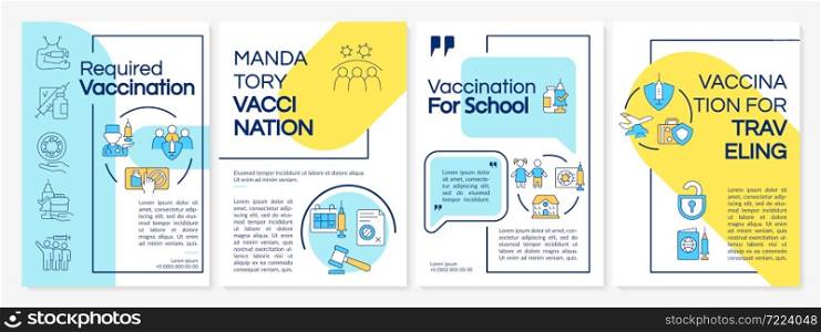 Vaccination requirements brochure template. Workplace and traveling. Flyer, booklet, leaflet print, cover design with linear icons. Vector layouts for presentation, annual reports, advertisement pages. Vaccination requirements brochure template