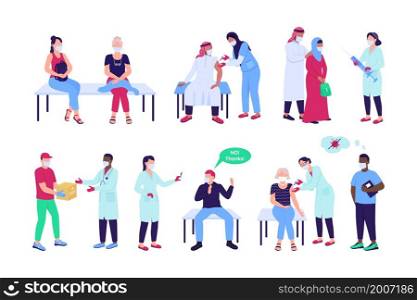 Vaccination semi flat color vector character set. Posing figures. Full body people on white. Healthcare isolated modern cartoon style illustration for graphic design and animation collection. Vaccination semi flat color vector character set