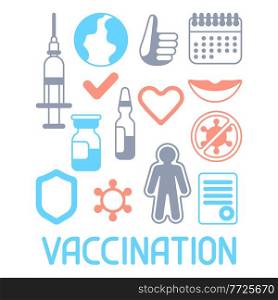 Vaccination set with vaccine icons. Immunization items. Health care and protection from virus. Medical and scientific industry.. Vaccination set with vaccine icons. Immunization items. Health care and protection from virus.