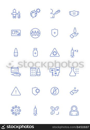 Vaccination symbols. Medical epidemic protection covid 19 injection syringe warning therapy health treatment garish vector linear icon set isolated. Illustration of epidemic protection icons. Vaccination symbols. Medical epidemic protection covid 19 injection syringe warning therapy health treatment garish vector linear icon set isolated