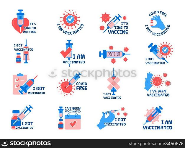 Vaccination symbols. Virus protected badges with syringe picture vaccination pharmaceutical pictures medical sticker recent vector illustration. Vaccination for health, medicine stickers. Vaccination symbols. Virus protected badges with syringe picture vaccination pharmaceutical pictures medical sticker recent vector illustration