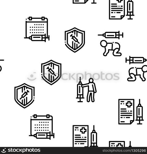 Vaccination Syringe Seamless Pattern Vector Thin Line. Illustrations. Vaccination Syringe Seamless Pattern Vector